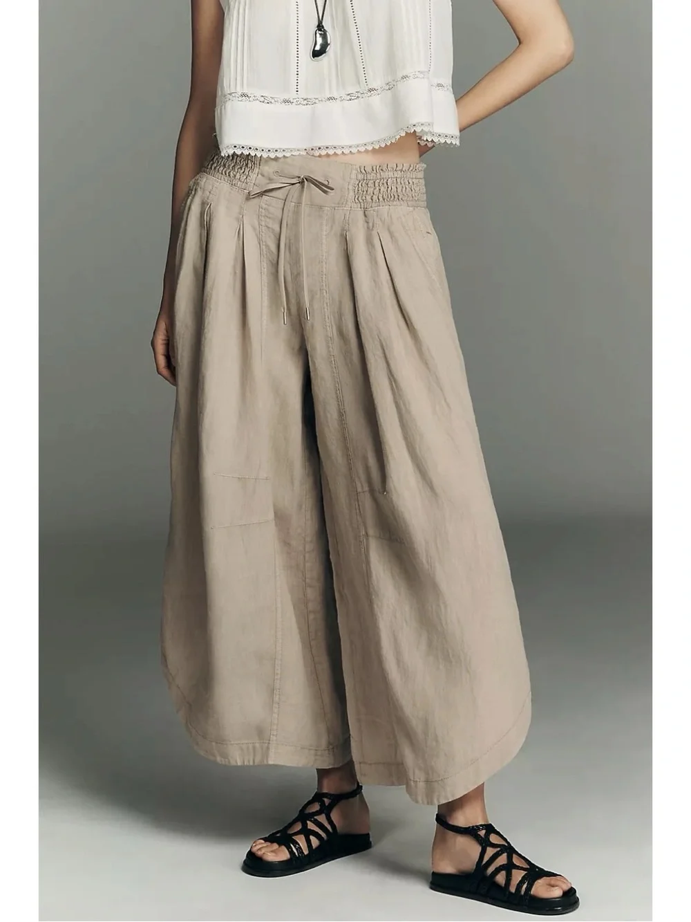Anthropologie Ruched Linen Wide Leg Parachute Pants Beige Size XL NWT LagenLook